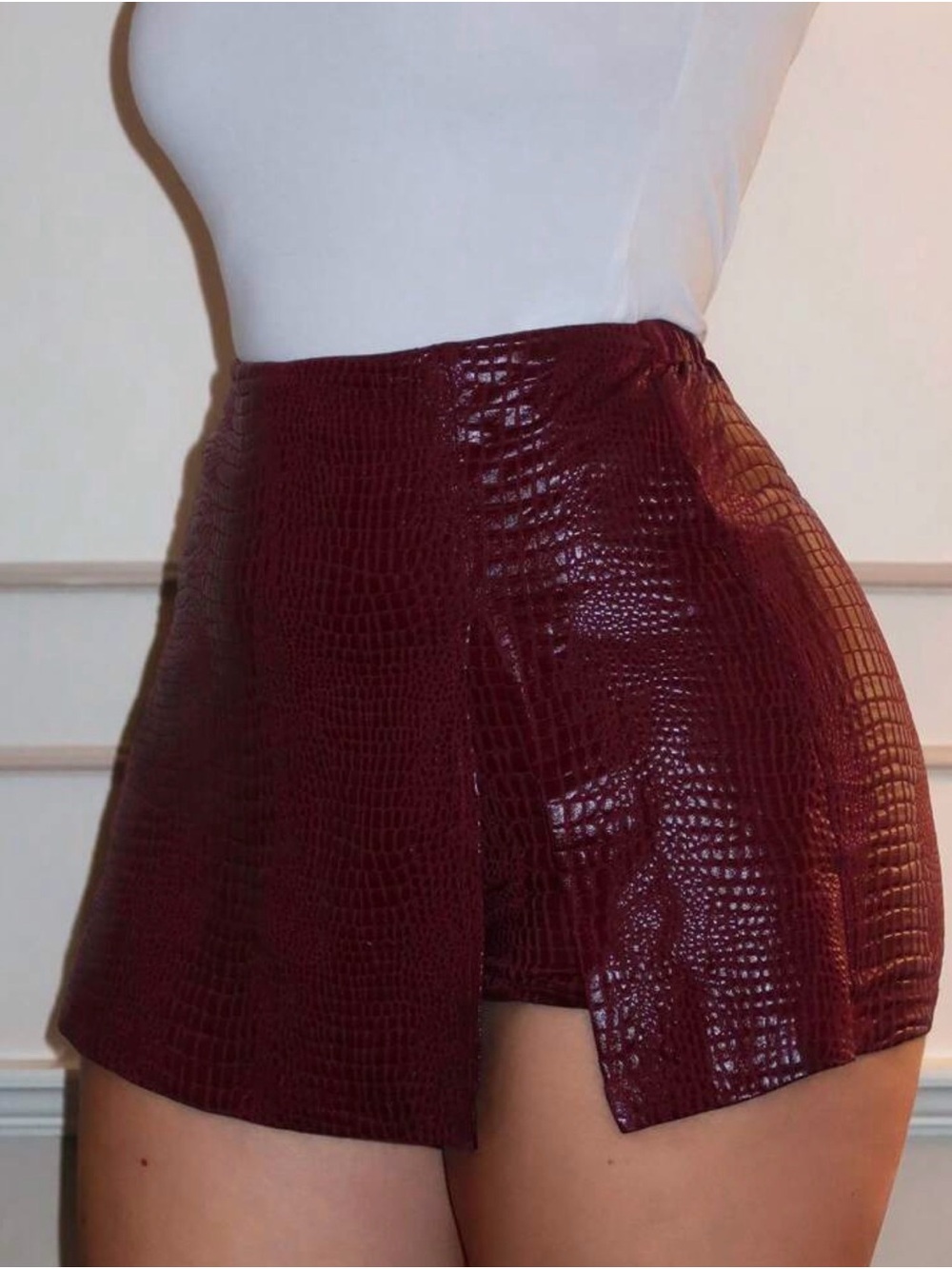 High-Waist Burgundy Croc-Embossed Women’s Shorts